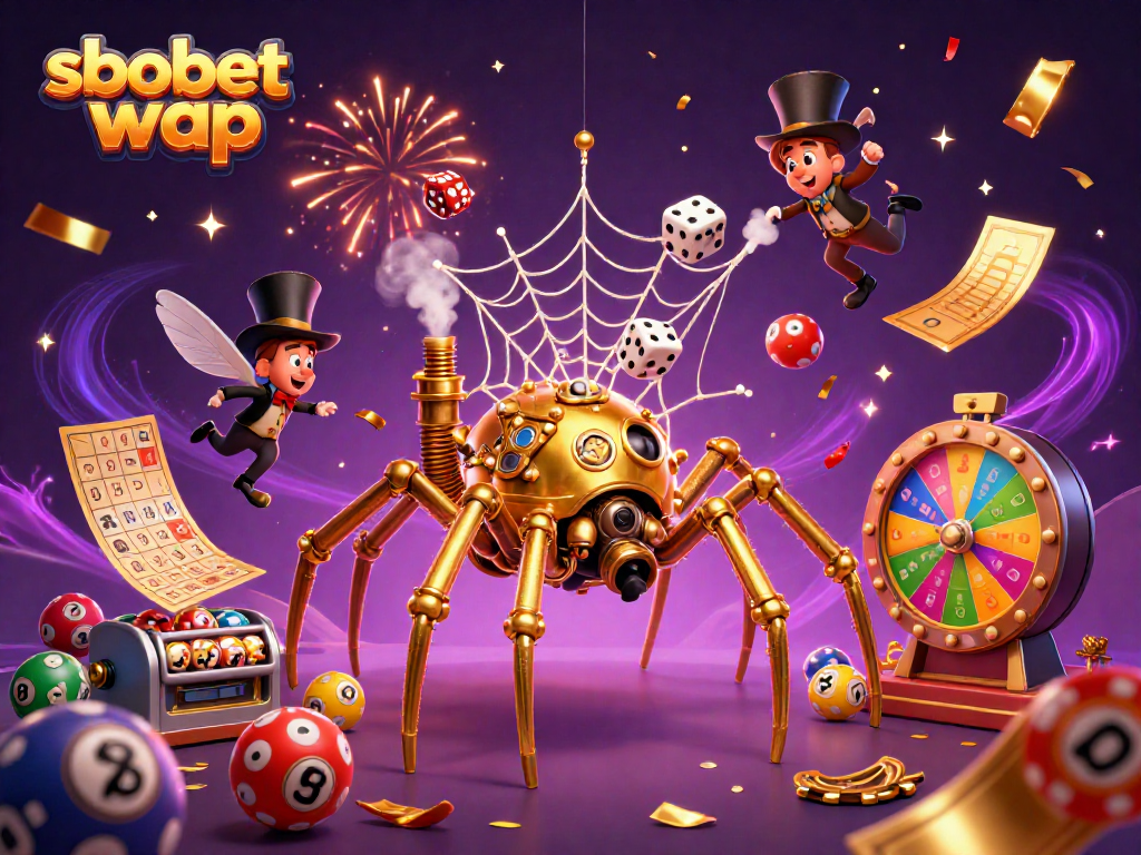 Experience dynamic sbobet wap excitement with colorful lottery balls and a whimsical spider web.