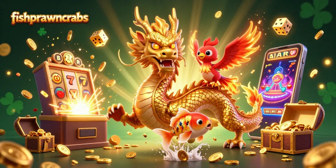 Play the game fishprawncrabs with a dynamic scene of a dragon, phoenix, and koi amid casino elements.