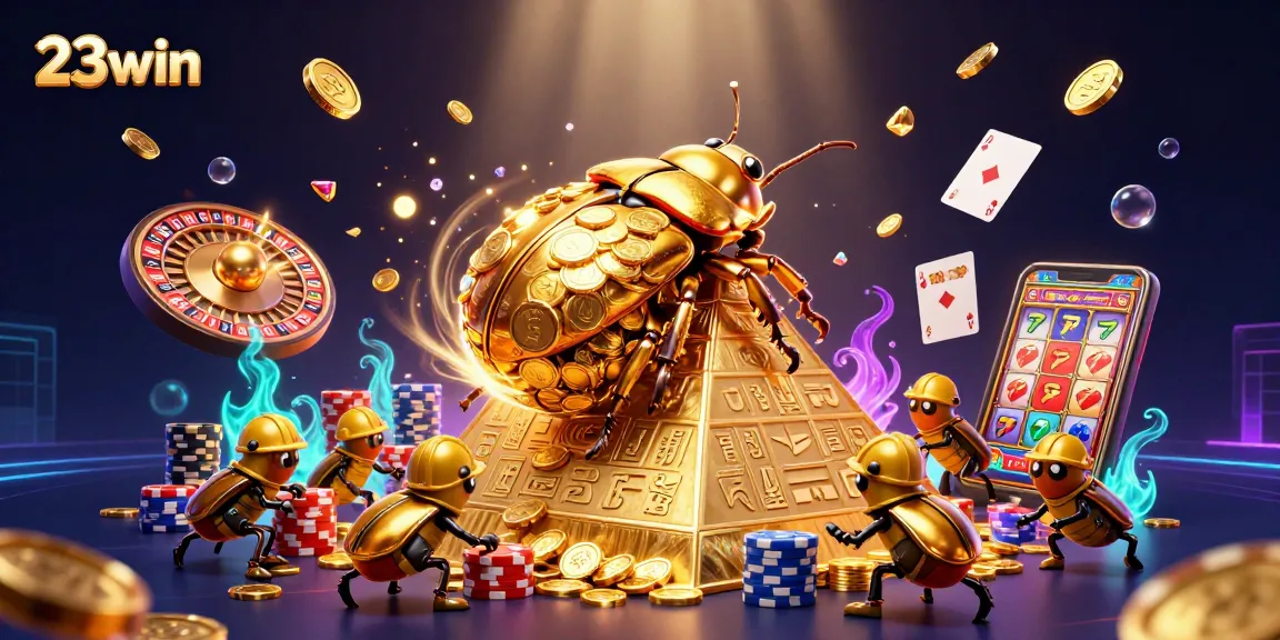 Experience the thrill of 23win with golden beetles rolling coins and dynamic casino elements.