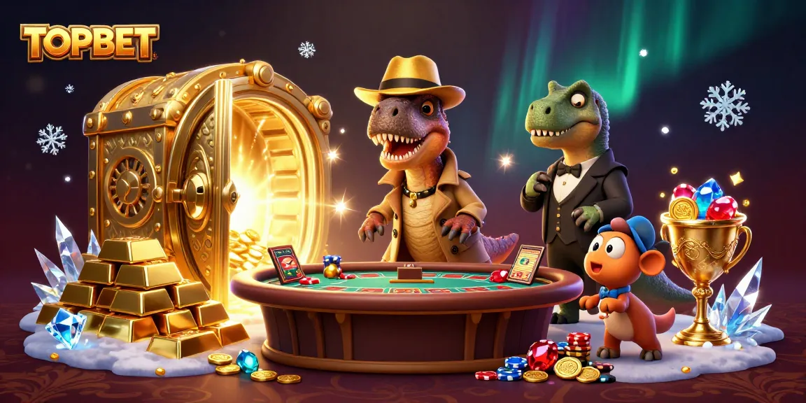 TOPBET illuminates an exciting casino scene with a sly velociraptor and interactive game elements.