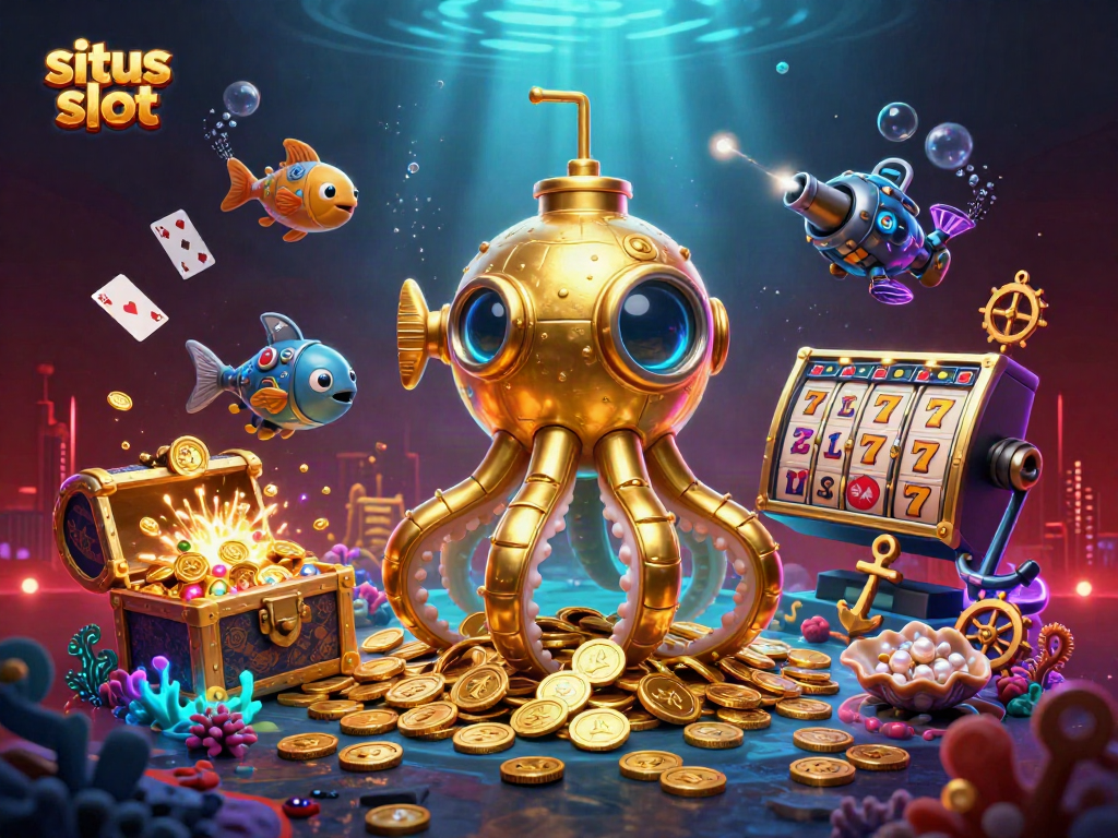 Engage with situs slot featuring a vibrant golden kraken submarine amidst slot reels and treasures.