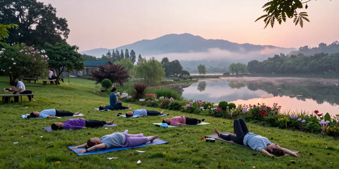 Wellness retreat participants practicing yoga outdoors at sunrise, surrounded by nature and tranquility.