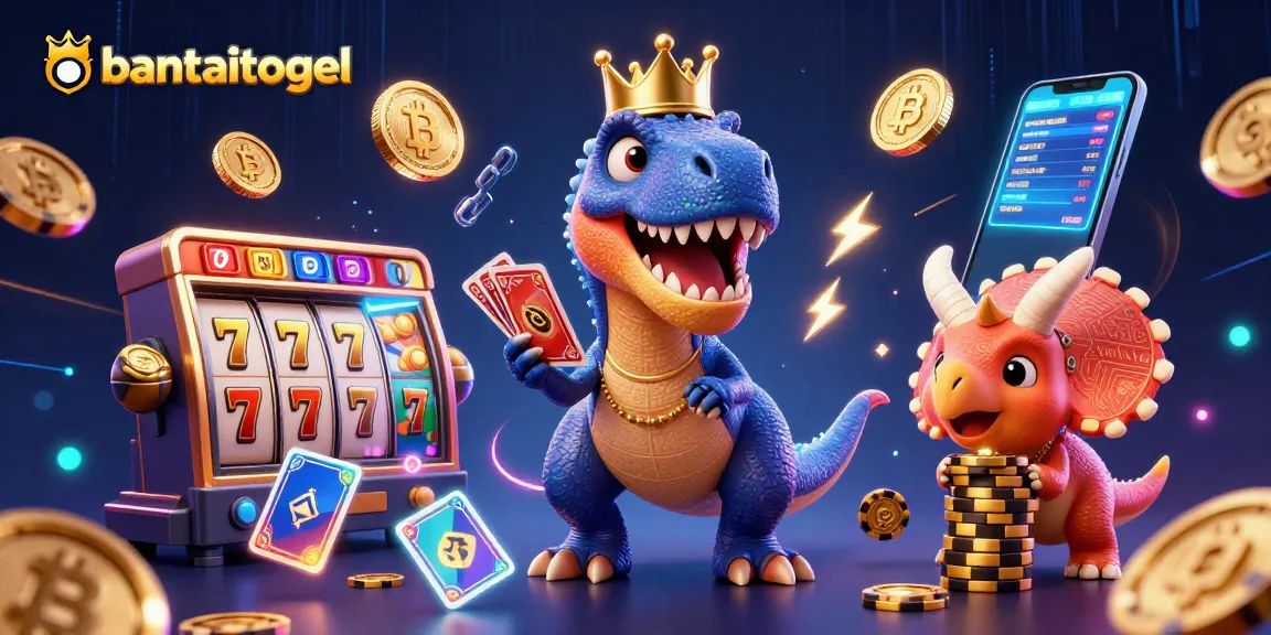 Bantaitogel menghadirkan T-Rex ramah bermain kartu sambil dikelilingi simbol jackpot dan chip emas.