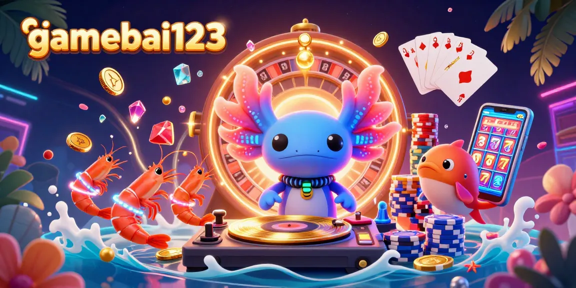Gamebai123 showcases a vibrant 3D casino scene featuring an axolotl DJ, casino elements, and dynamic action.