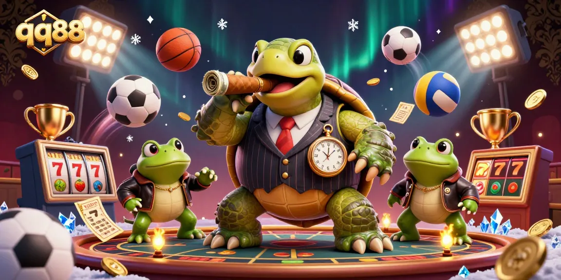 Experience thrilling gameplay with qq88, featuring a cartoon snapping turtle and bullfrog enforcers in a vibrant casino.