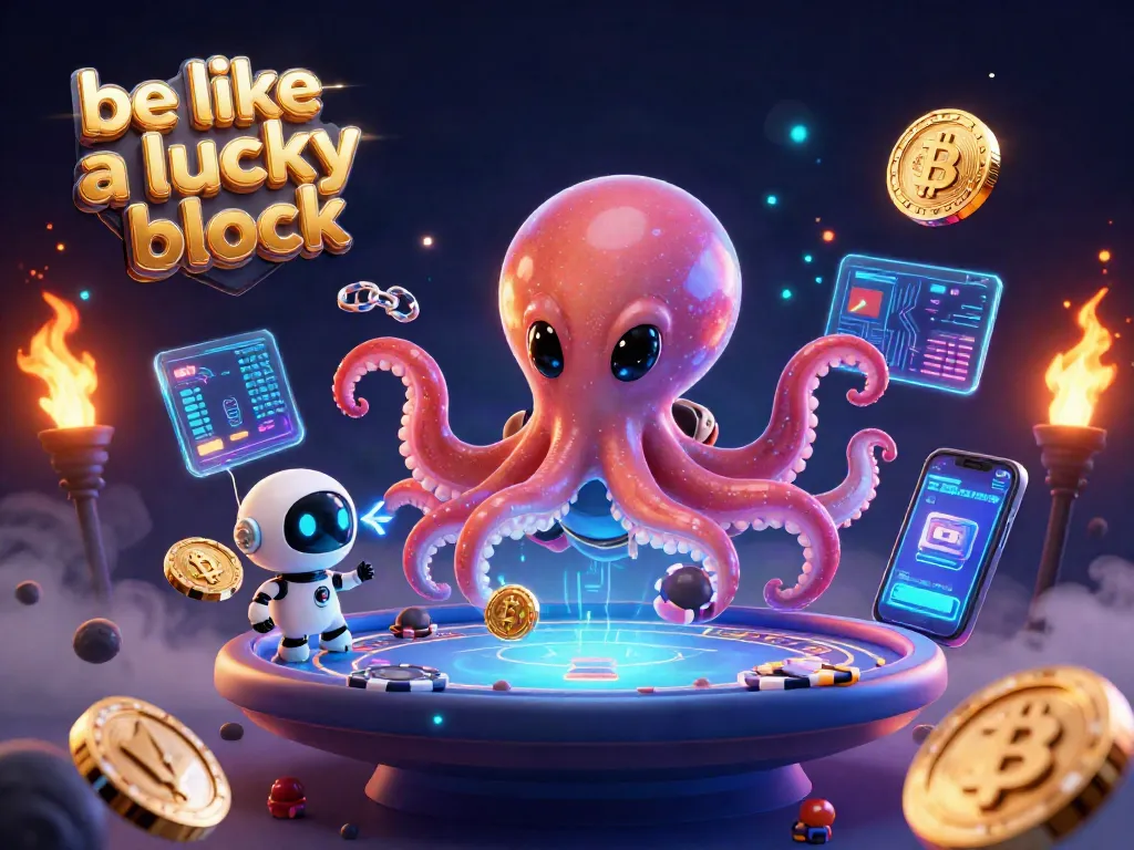 Experience gaming excitement in a vibrant 3D scene featuring be like a lucky block and crypto-themed elements.