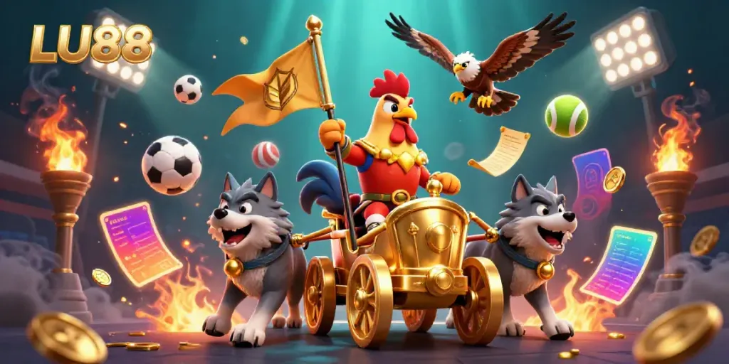 LU88 showcases an exhilarating 3D gaming scene with a rooster warlord and dynamic sports elements.