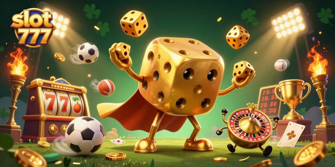 Spin the reels in style with slot 777, showcasing vibrant 3D slot elements and golden dice golem.