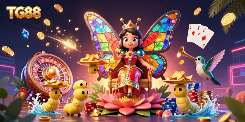 Experience TG88's vibrant casino atmosphere with a dynamic butterfly queen and golden gaming elements.