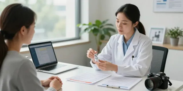 Patient receiving education on https://noxpeptides.ca/product/retatrutide-10mg/ in a modern wellness clinic.