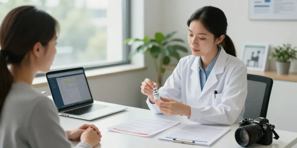 Patient receiving education on https://noxpeptides.ca/product/retatrutide-10mg/ in a modern wellness clinic.