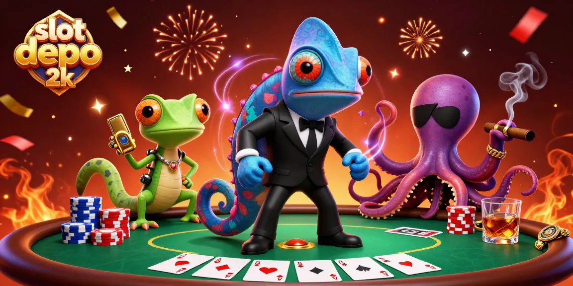 Gambarkan momen menegangkan di slot depo 2k dengan bunglon dan gecko sebagai agen di meja poker.