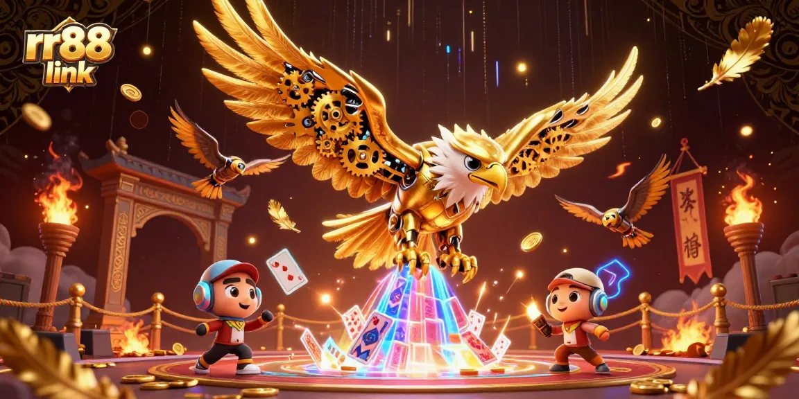 Experience thrilling gameplay at rr88 link with a cybernetic golden eagle soaring over dazzling cards.