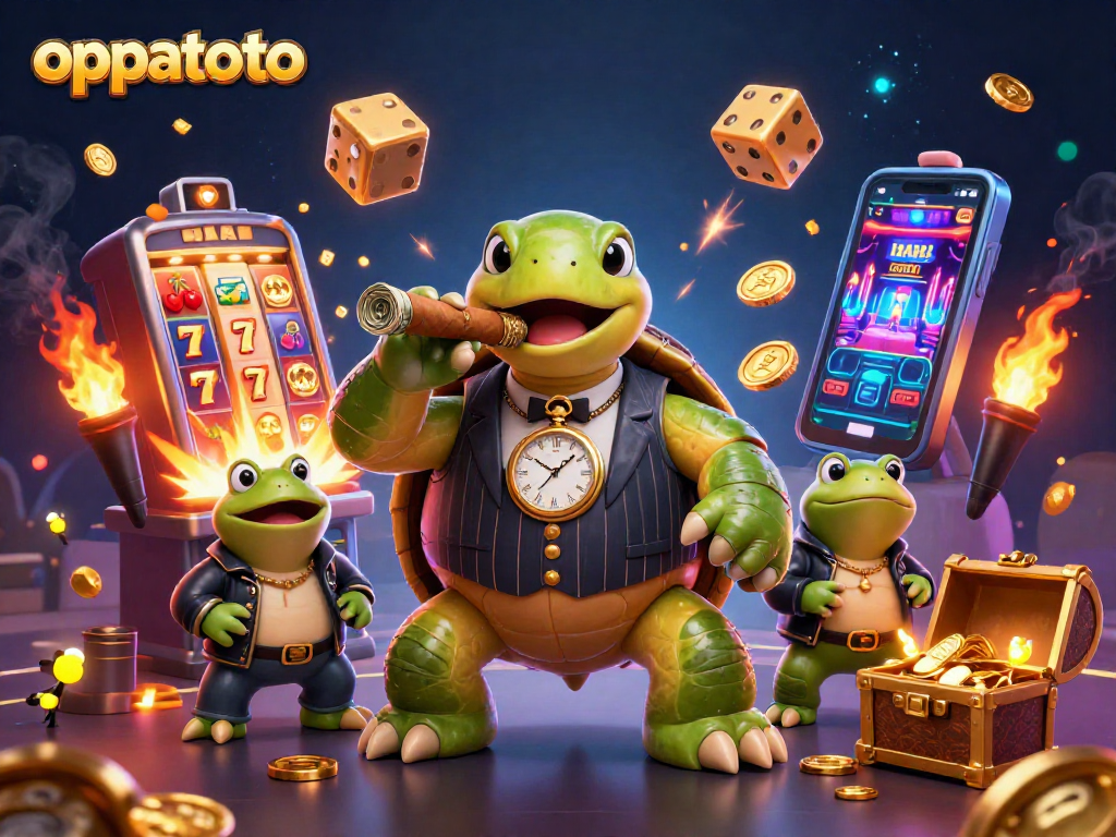 Engage with oppatoto's vibrant casino action featuring a turtle mobster and enforcers amidst explosive jackpots.