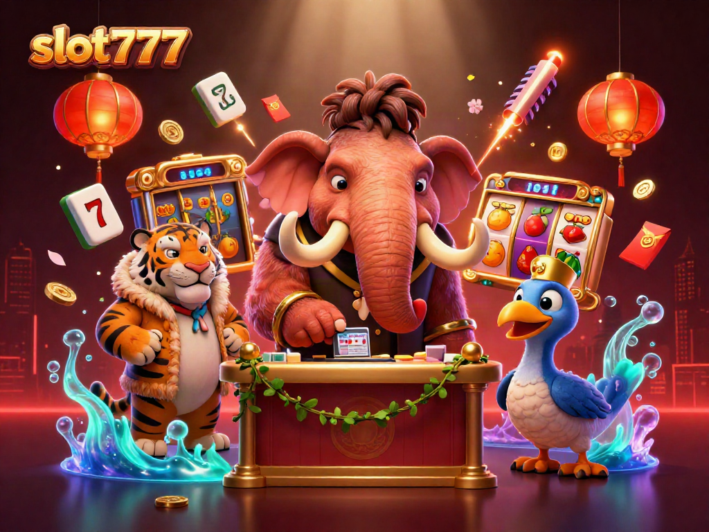 Bermain slot777 dengan karakter menarik seperti mammoth dan harimau di kasino, meriah dan penuh hiasan.