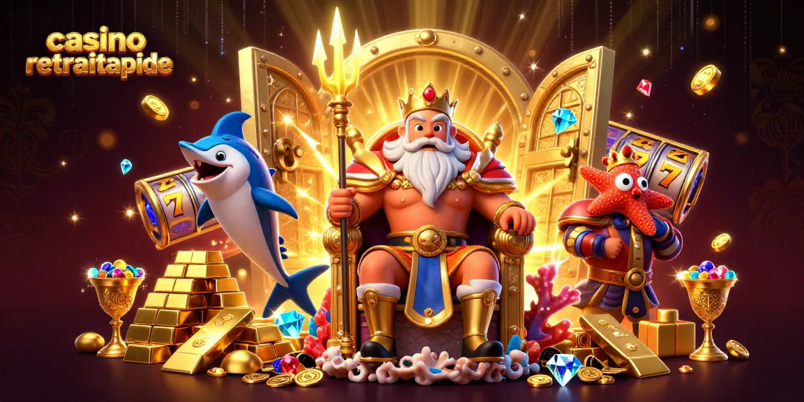 Plongez dans le monde du casino retrait rapide avec Neptune entouré de symboles de chance et de trésors scintillants.