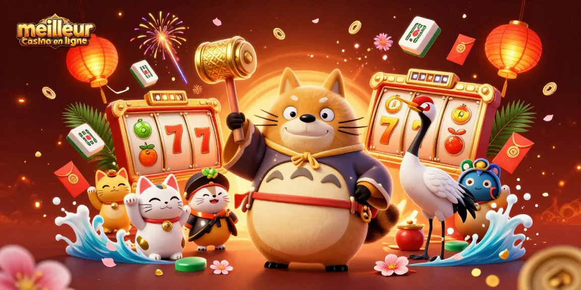 Illustration festive pour le meilleur casino en ligne, avec un tanuki et un crabe, entourés de symboles de chance.