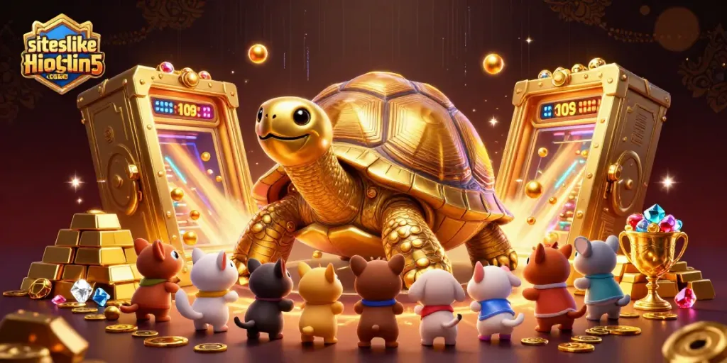 Experience thrill at siteslikehigh5casino with vibrant casino action featuring a golden tortoise, treasures, and excitement.