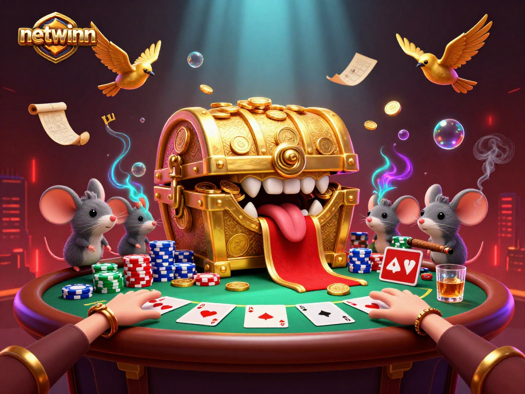 Engage with netwinn's lively card showdown featuring a golden treasure chest and poker elements.