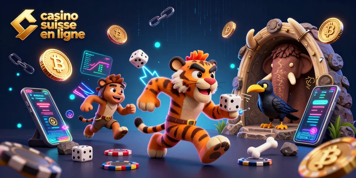 Jouer au casino suisse en ligne avec une illustration 3D de personnages préhistoriques et des éléments de crypto-monnaie.