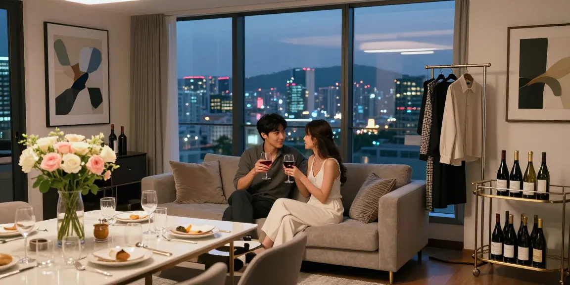 강남 세이렌의 세련된 도시 아파트에서 커플이 음료를 즐기고 있는 장면