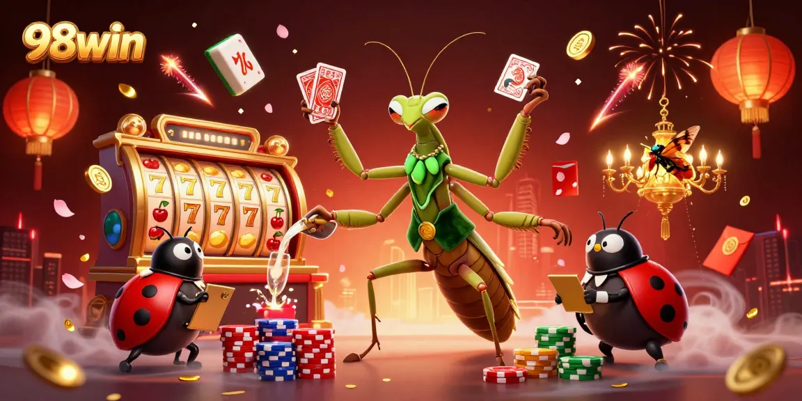 Experience the thrill of 98win with vibrant casino action in a dynamic 3D illustration.
