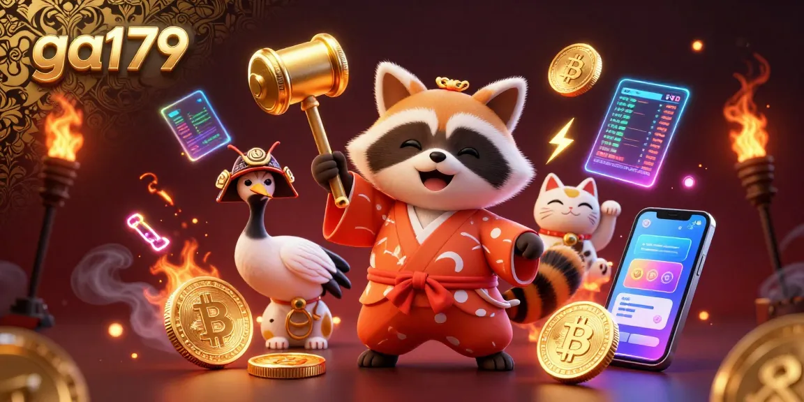 Spin the reels at ga179 with a vibrant 3D casino scene featuring lucky tanuki and fortune cats.