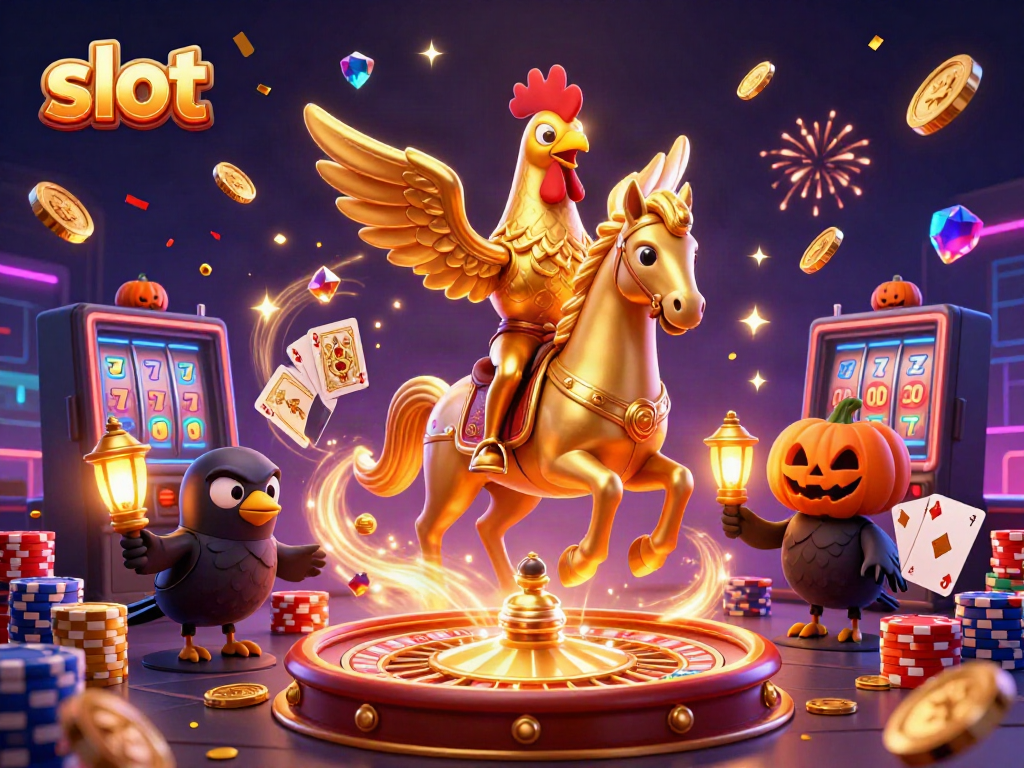 Experience exhilarating slot gameplay with vibrant illustrations of golden rooster riders and sparkling winnings.