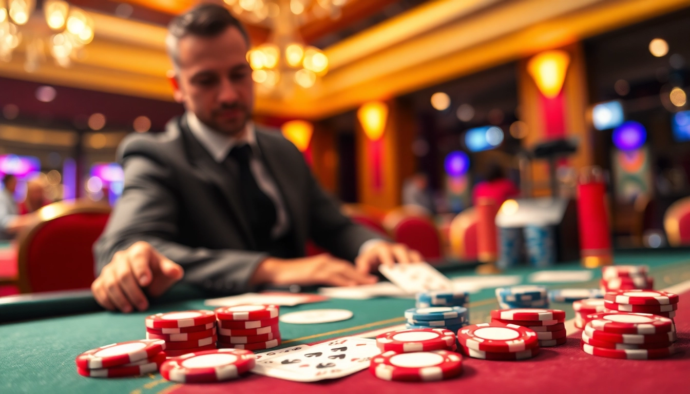 Speel energiek bij pistolo casino 1 met kleurrijke fiches en kaarten aan een tafel.