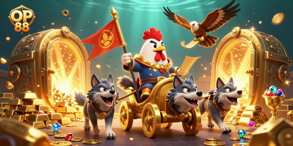 Experience the thrill of OP 88 with a vibrant 3D illustration featuring a rooster warlord, gold treasures, and dynamic casino elements.