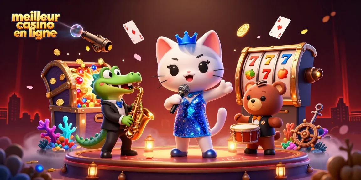 Illustration dynamique de personnages animés chantant au meilleur casino en ligne, entourés d'éléments de jeux.
