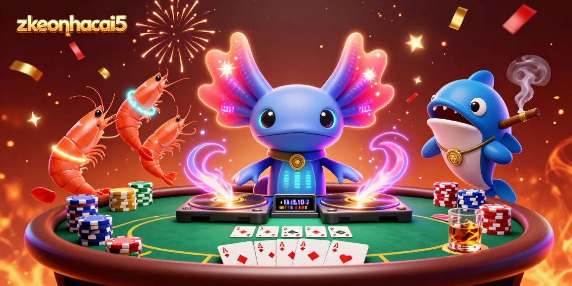 Engage with zkeonhacai5 at an underwater poker party featuring animated axolotl DJ and vibrant casino elements.