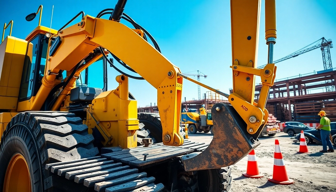 Gradall excavator lifting materials on a construction site with a telescoping boom.