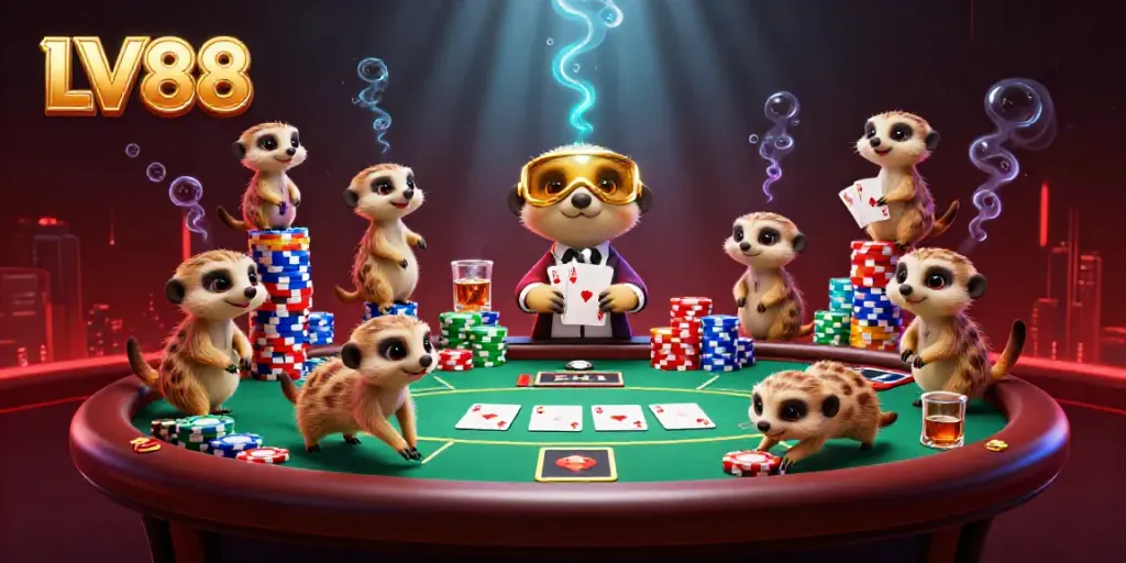 LV88 casino meerkats manage a vibrant poker game with colorful chips and cards