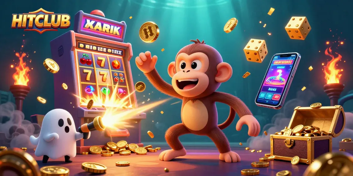 Experience HITCLUB's vibrant gaming atmosphere as a ghost-hunter puppy tracks a poltergeist monkey in a captivating casino scene.
