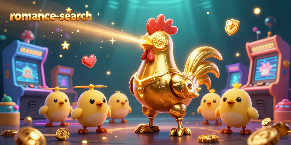 Play to win with romance-search's thrilling golden rooster robot and baby chick drones in a vibrant casino scene.