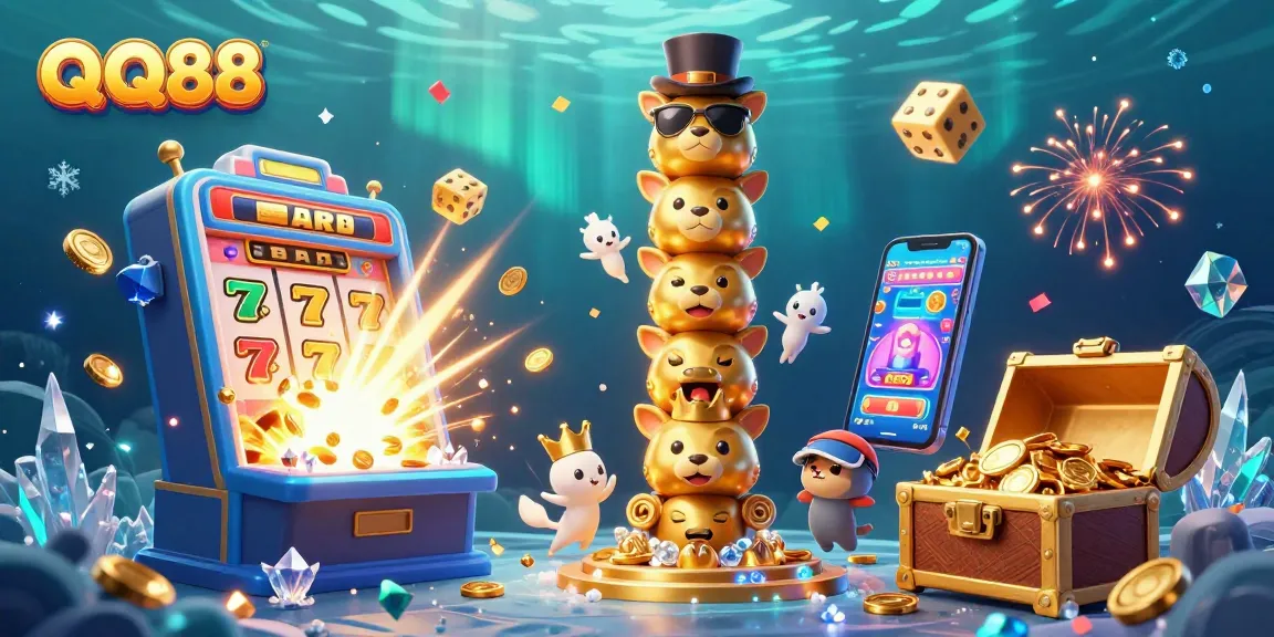 Experience the thrill of QQ88 with vibrant casino elements and dynamic visuals illustrating a 3D gaming experience.