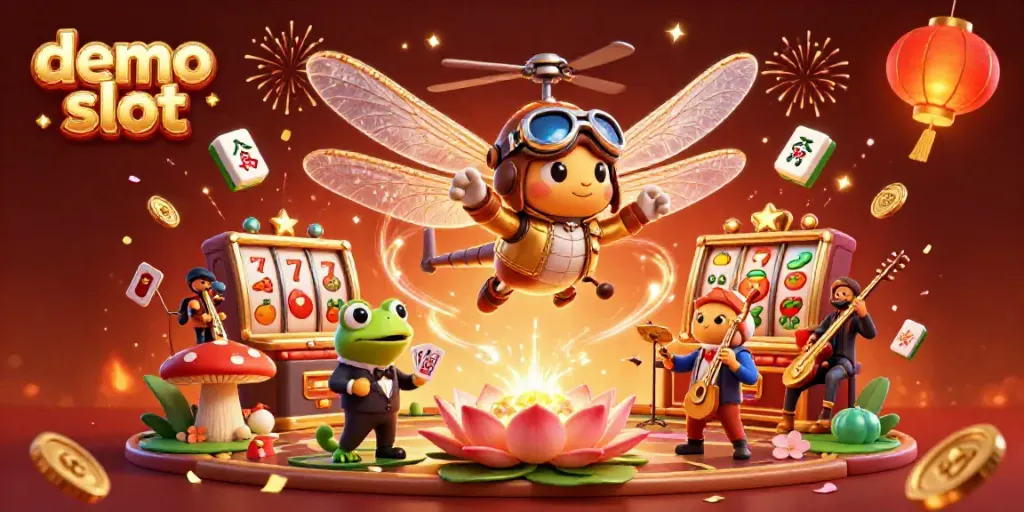 Mainkan demo slot dalam ilustrasi kasino 3D yang penuh warna dan detail.