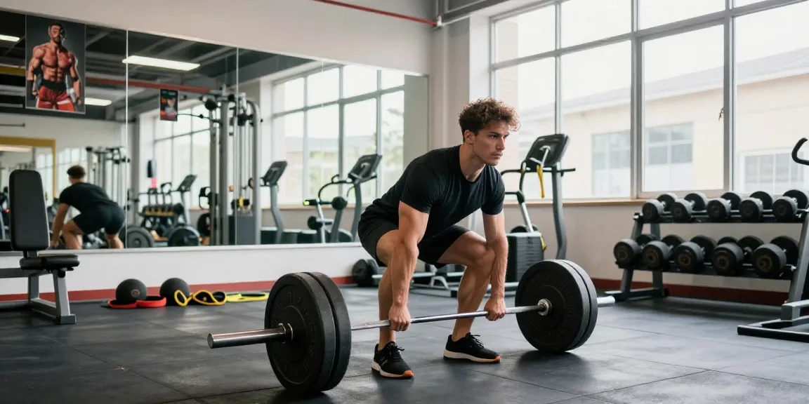 Bodybuilder performing deadlifts in a modern fitness studio at Steroid Shop, showcasing strength and dedication.