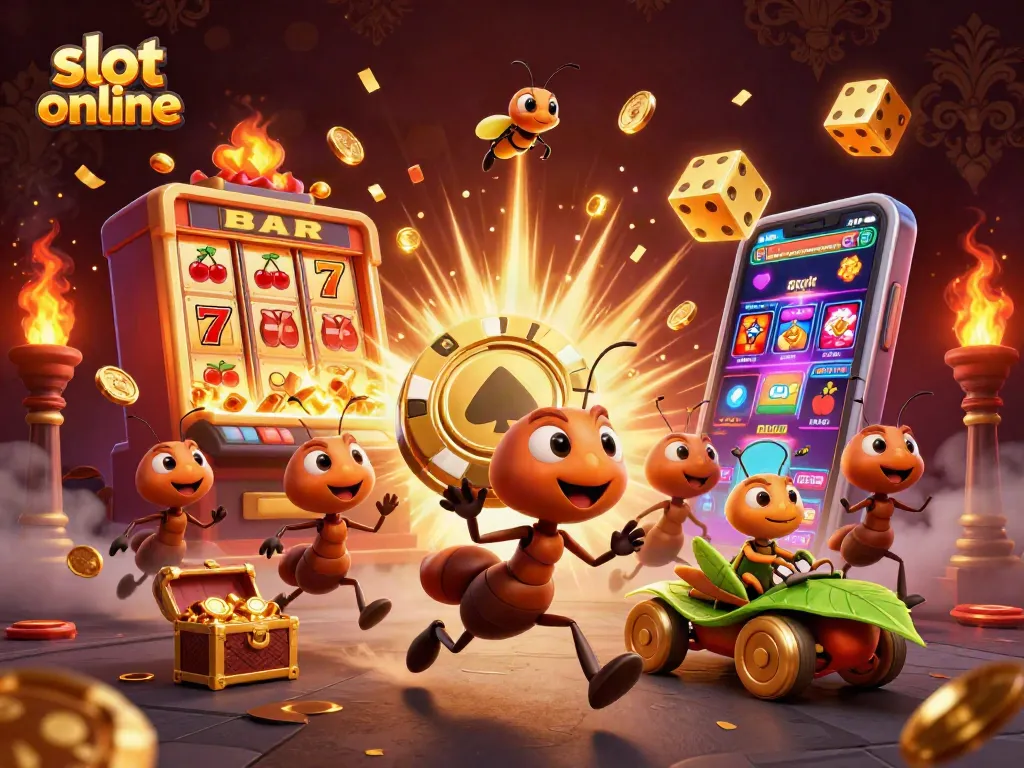 Engage with slot online excitement as cartoon ants steal a giant poker chip amidst casino chaos.