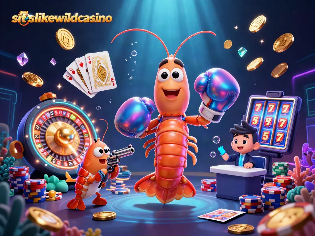 Experience gaming excitement with siteslikewildcasino featuring vibrant 3D shrimp characters amidst casino elements.