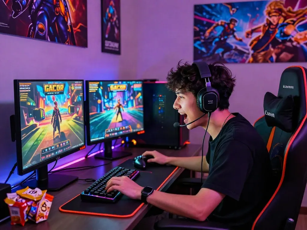 Engaged player enjoying a slot gacor game in a vibrant gaming setup.