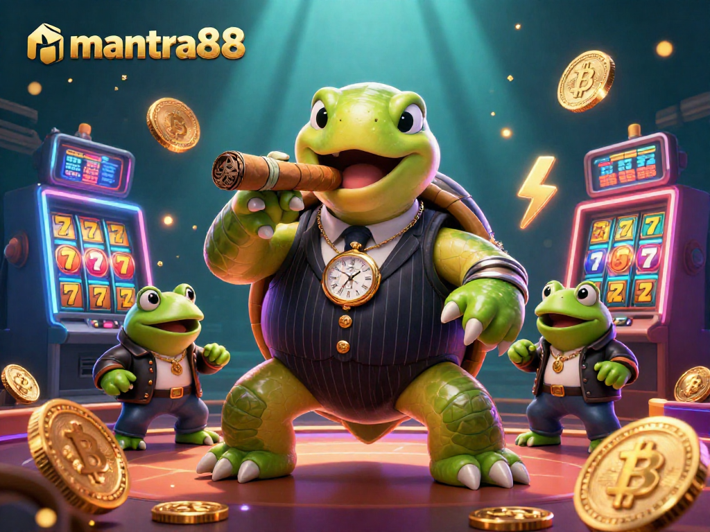Experience the thrill of mantra88 with a vibrant casino scene featuring unique characters and slot machine elements.