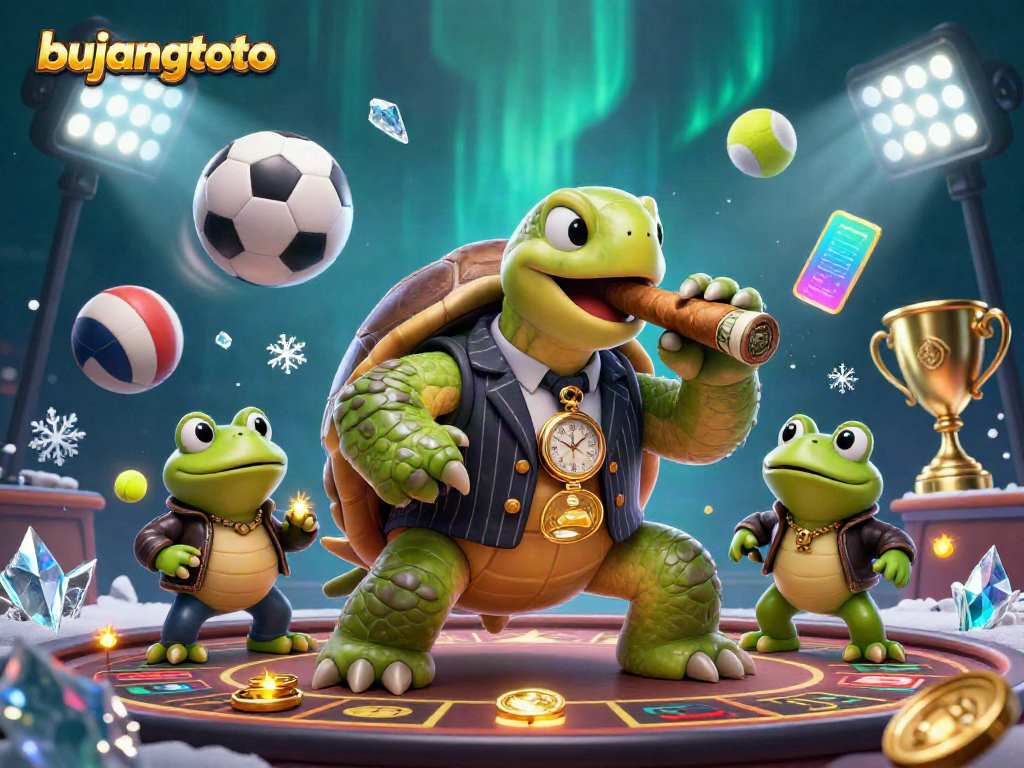Experience the excitement with bujangtoto through a vibrant casino illustration, showcasing gaming elements and characters.