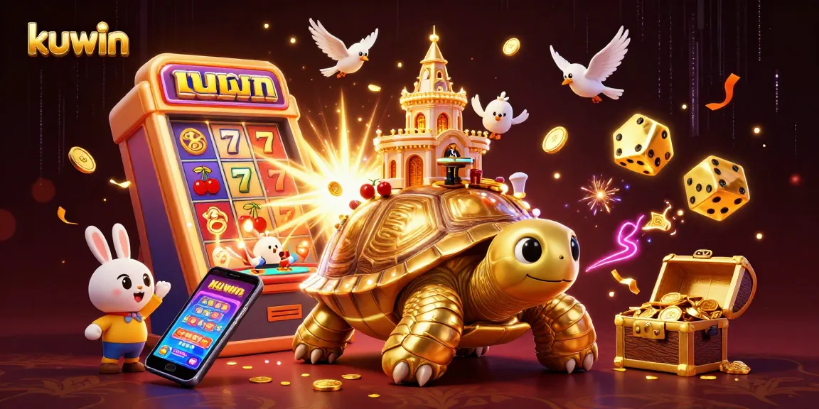 Kuwin showcases a vibrant casino scene with a golden tortoise and dynamic slot elements.