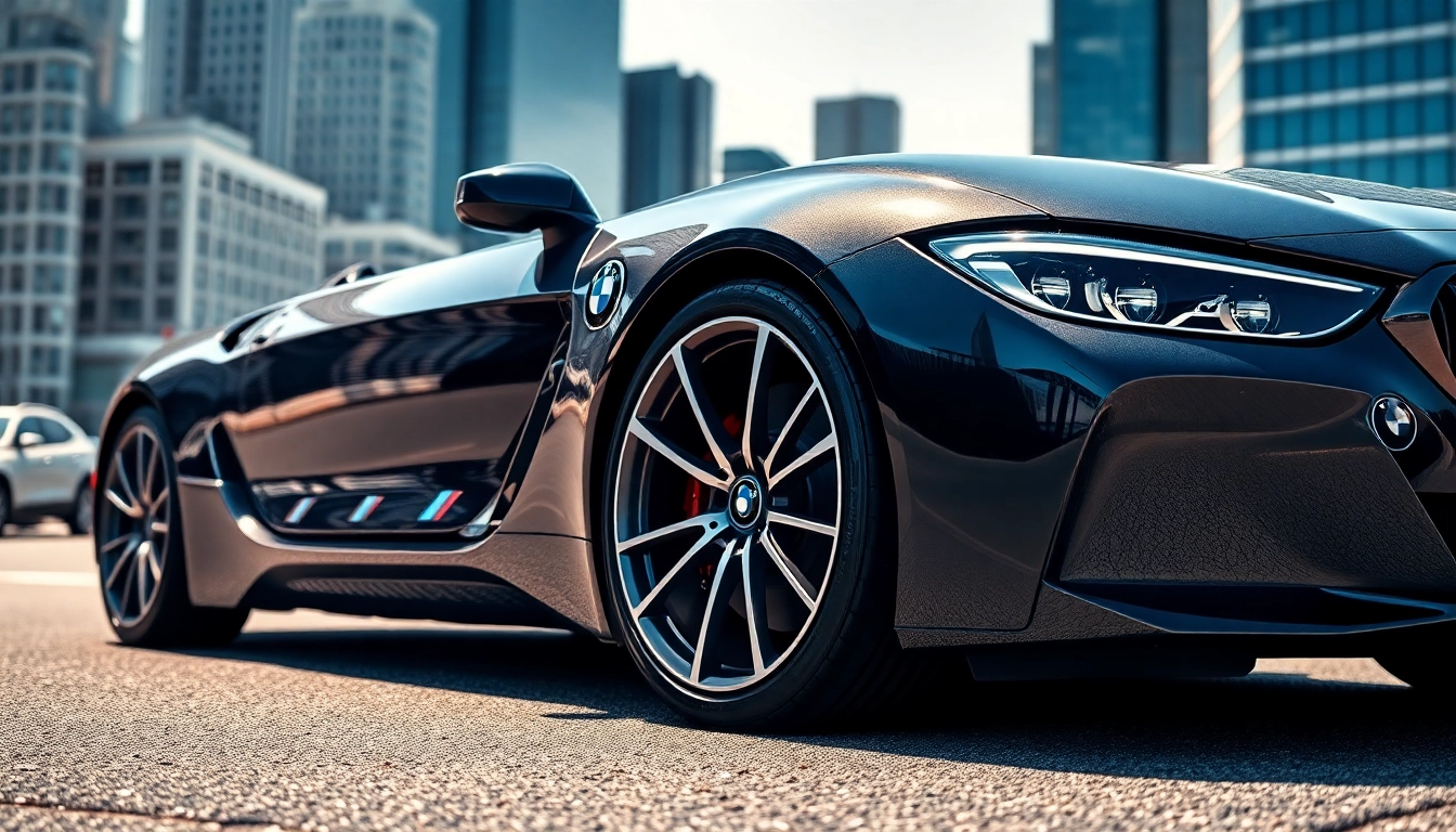 Admire the Luxury BMW car showcasing its sleek design in a vibrant urban environment.