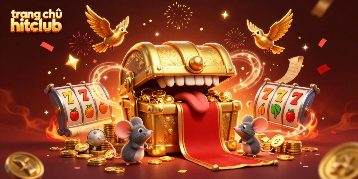Engage in thrilling gameplay at trang chủ hitclub, featuring vibrant slot reels, golden coins, and lucky symbols.
