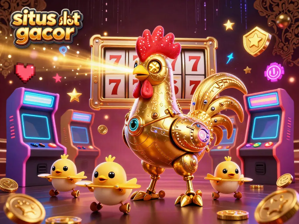 Join a colorful 3D casino adventure with situs slot gacor's golden rooster robot and dynamic game elements.