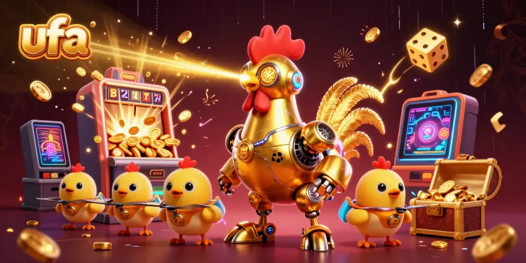 ภาพกราฟิก 3D ของ ufa ที่นำเสนอจักรกลไกไก่ทองคำพร้อมลูกเจี๊ยบบินรอบ โดยมีตู้สล็อตที่ระเบิดเหรียญสดใส