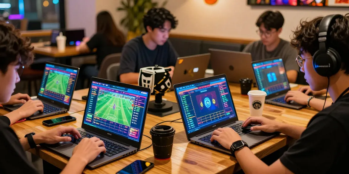 Bola88 users engaging in dynamic online betting with vibrant sports graphics and devices.